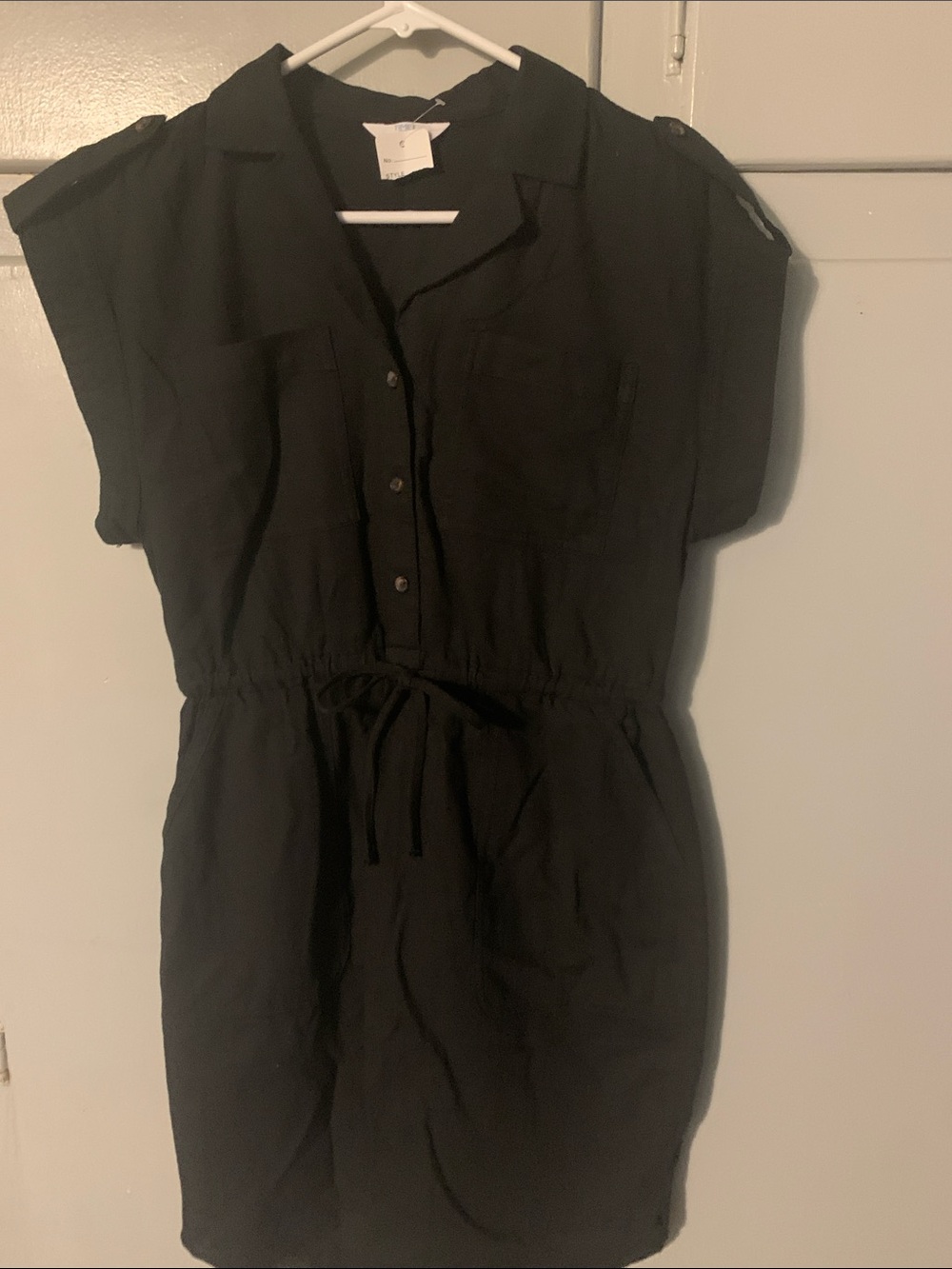 Time and Tru Black Short Sleeve Shirt Dress with Drawstring Waist